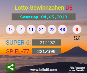 Lotto Gewinnzahlen vom Samstag, den 04.05.2013