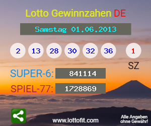 Lotto Gewinnzahlen vom Samstag, den 01.06.2013