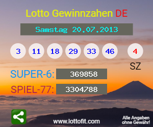 Lotto Gewinnzahlen vom Samstag, den 20.07.2013