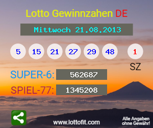 Lotto Gewinnzahlen vom Samstag, den 21.08.2013