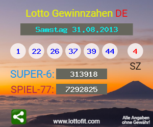 Lotto Gewinnzahlen vom Samstag, den 31.08.2013