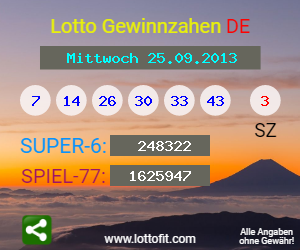 Lotto Gewinnzahlen vom Samstag, den 25.09.2013