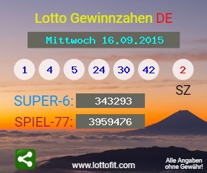 Lotto Gewinnzahlen vom Samstag, den 16.09.2015