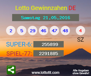 Lotto Gewinnzahlen vom Samstag, den 21.05.2016