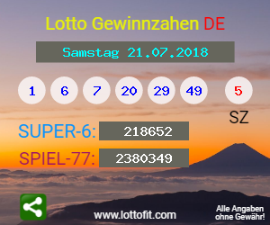 Lotto Gewinnzahlen vom Samstag, den 21.07.2018