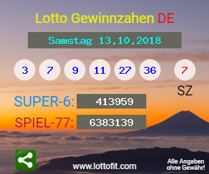 Lotto Gewinnzahlen vom Samstag, den 13.10.2018