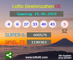 Lotto Gewinnzahlen vom Samstag, den 15.06.2019