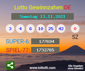 Lotto Gewinnzahlen vom Samstag, den 13.11.2021