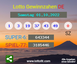 Lotto Gewinnzahlen vom Samstag, den 01.10.2022