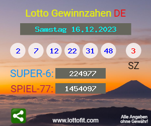 Lotto Gewinnzahlen vom Samstag, den 16.12.2023